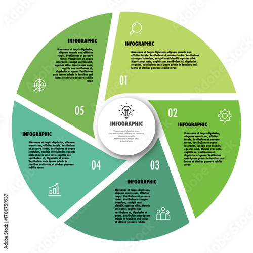 Circle chart infographic vector template with 5 options modern style for presentation, start up project, business strategy, theory basic operation, logic analysis. Venn diagram 10 eps