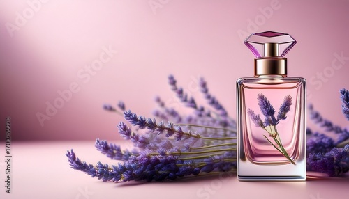stylish perfume bottle with lavender on soft pink background