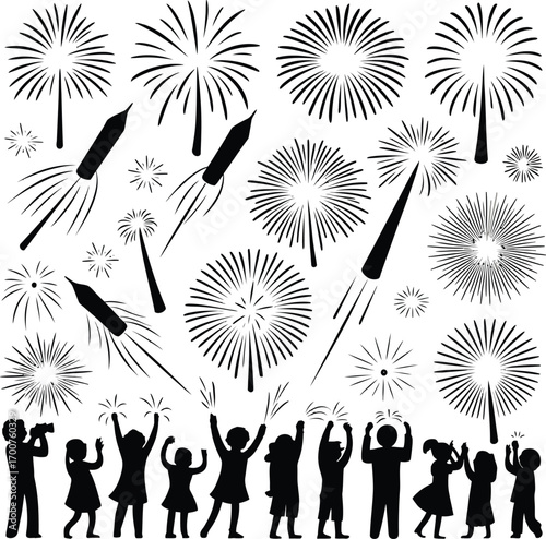 Vector art of silhouette of people watching fireworks, capturing the joy and excitement of a celebration in a simple, elegant design