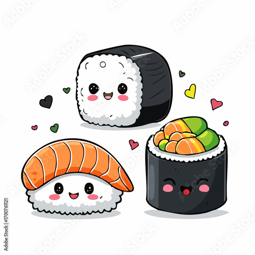 Cute Kawaii Sushi Trio Vector Illustration with Smiling Faces and Hearts