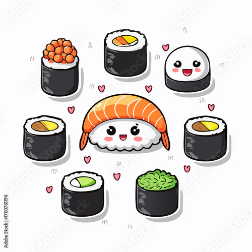 Cute Kawaii Sushi Assortment Vector Illustration with Nigiri and Rolls