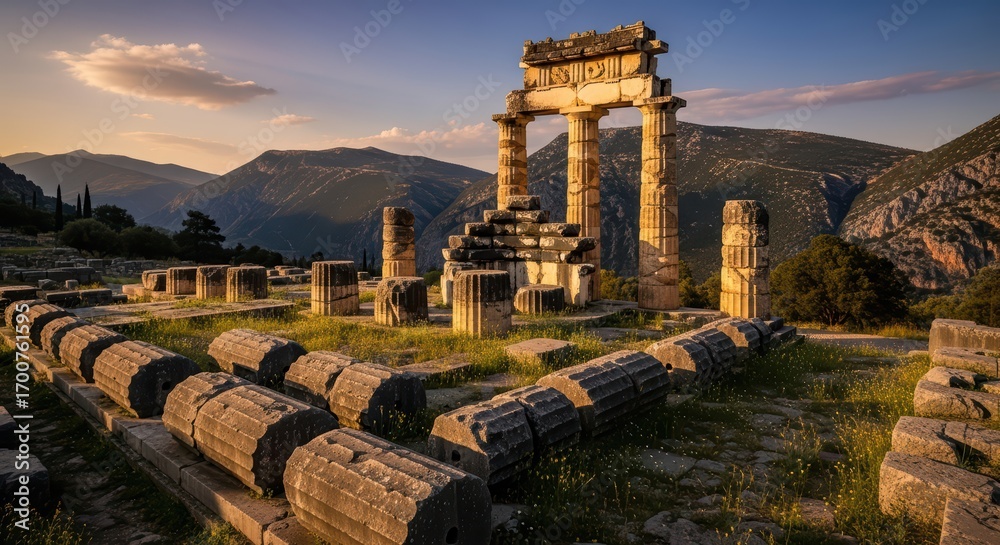 Fototapeta premium Ancient ruins of delphi at sunset in greece - historical landmark for travel and exploration