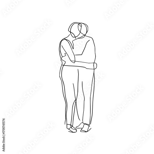 Continuous line drawing of a couple embracing each other in a minimalist style on a white background