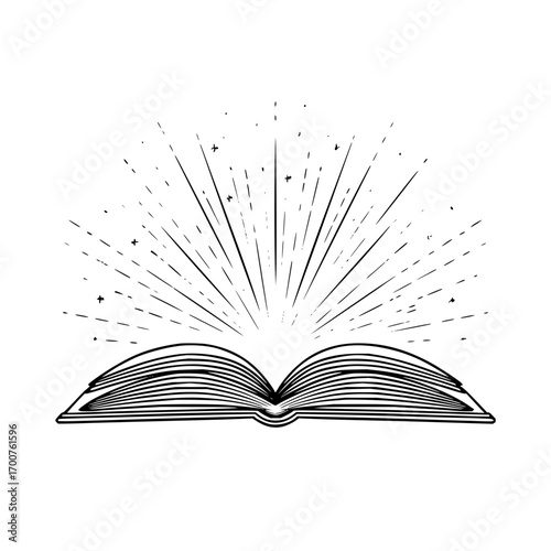 Open book with radiating lines and star like shapes creating a magical or enlightening atmosphere illustration