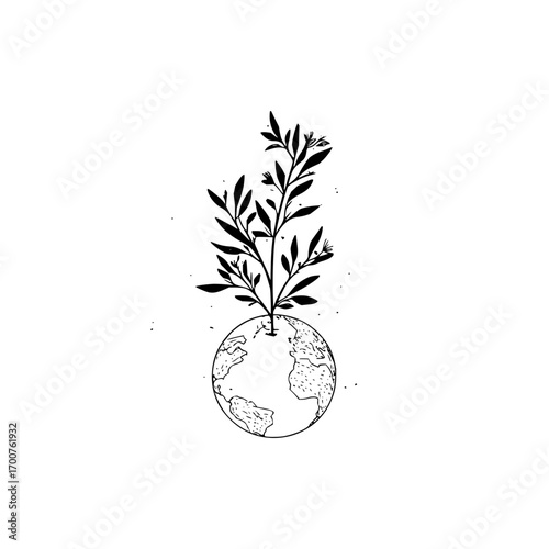 Illustration of a plant growing out of the earth globe with continents in a black and white drawing style