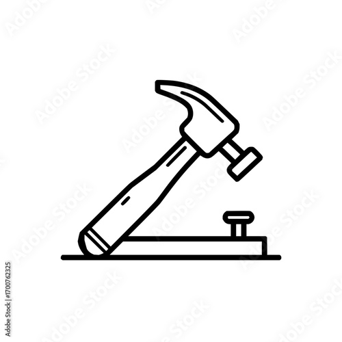 Illustration of a hammer resting on a nail placed on a base in a simple black and white line drawing