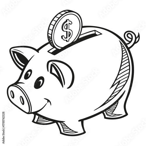piggy bank and money black and white vector