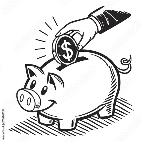 piggy bank and money black and white vector