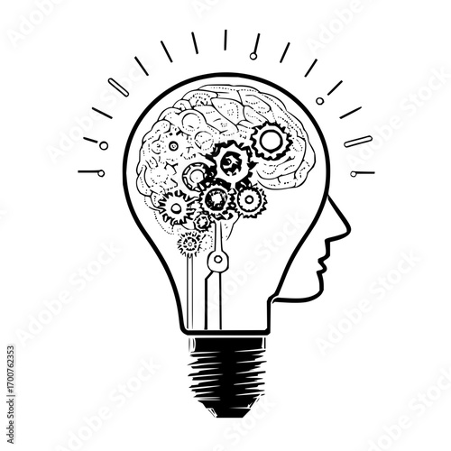 Illustration of a lightbulb with a brain and gears inside representing ideas and innovation concept