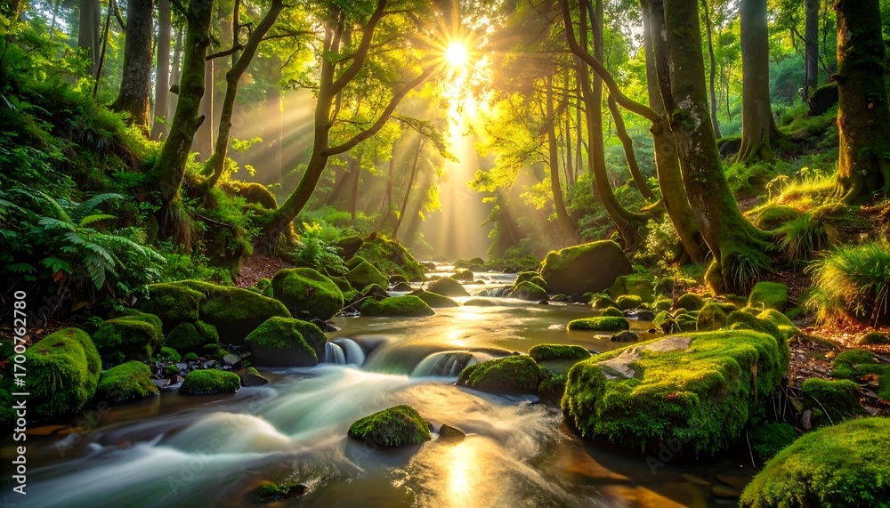Obraz premium Lush forest stream bathed in golden sunlight, showcasing tranquil nature.