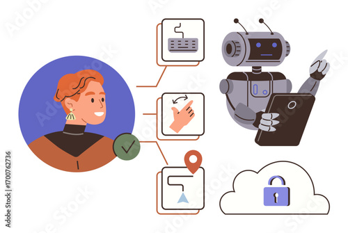 Person interacting with AI robot reviewing tasks and workflows on a tablet. Includes cloud security, location, and gesture communication. Ideal for AI integration, technology, teamwork, innovation
