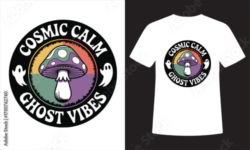 Cosmic Calm Ghost Vibes T-Shirt – Trippy Mushroom Design with Retro Spooky Style