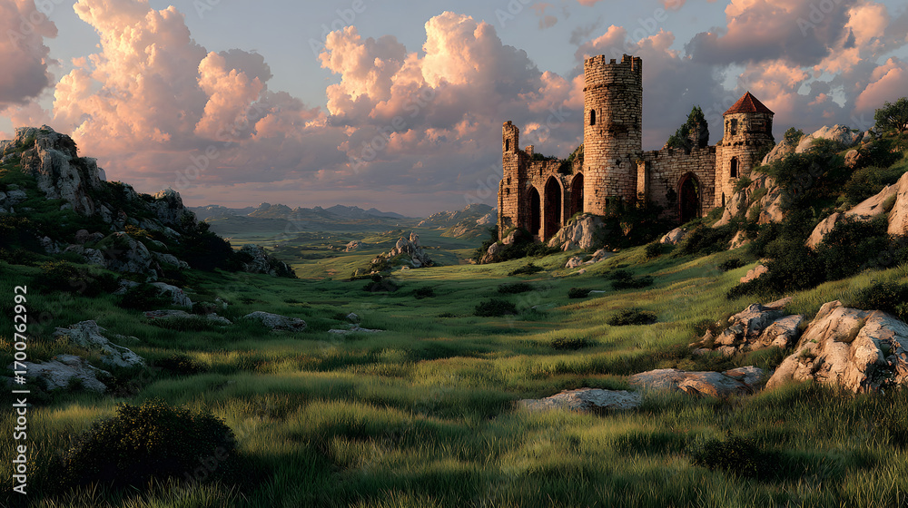 Fototapeta premium Ancient castle ruins on a green hill with a beautiful sunset sky AI Generated