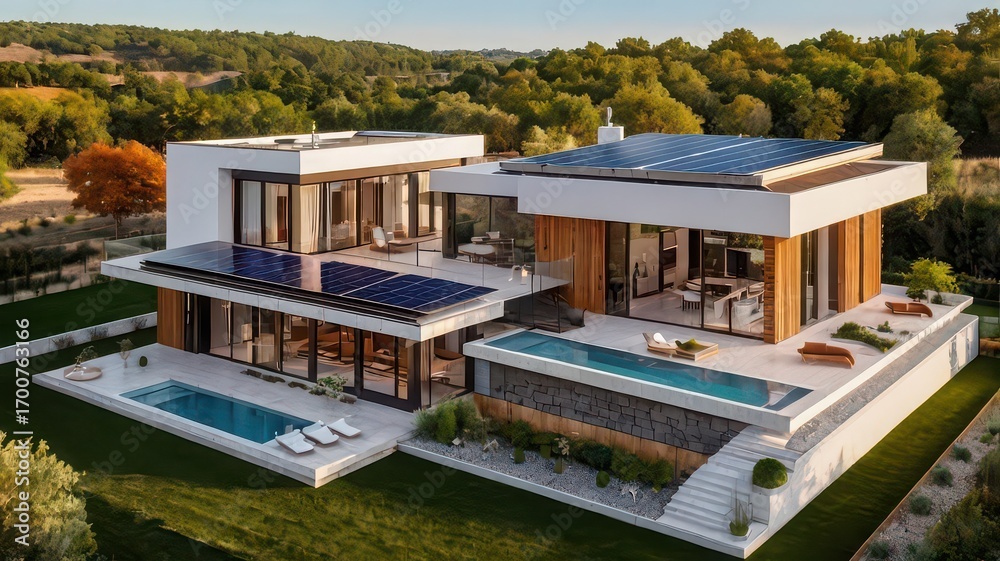 Fototapeta premium Modern villa with swimming pool and solar panels in a green environment