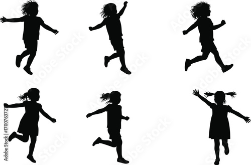 Children running and walking silhouettes, playful kids, active poses, outdoor activity, sports, exercise, motion, energy, fun, youth illustration, movement