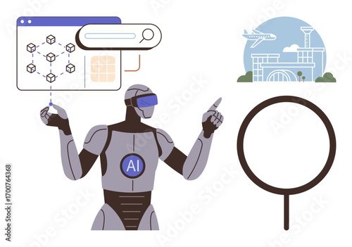 AI robot analyzing data, pointing to airport icon and magnifying glass. Ideal for AI, technology, innovation, automation, travel, data analysis navigation. Clean and simple flat metaphor