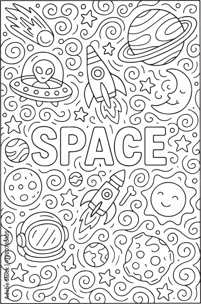 Obraz premium space cartoon outline hand drawn Line Art illustration doodle art coloring page for kids