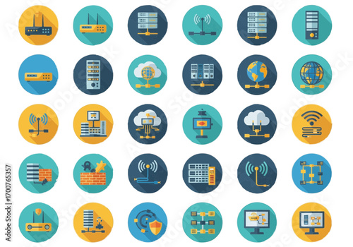 Collection of colorful network and internet technology icons on a blue background.