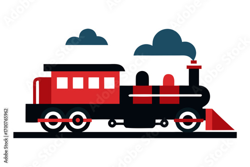 Vector art of a train red black, puffing out smoke into the sky