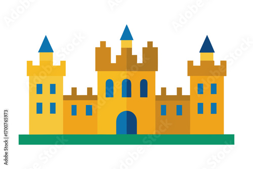 Vector art of a charming castle golden walls, blue turrets, a welcoming arched entrance