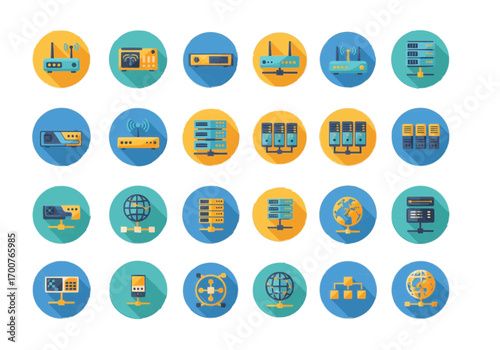 Collection of flat design icons representing various networking and computer hardware devices.