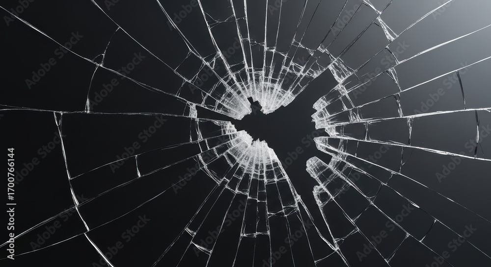 Fototapeta premium Cracked glass with radial pattern on dark background for abstract design