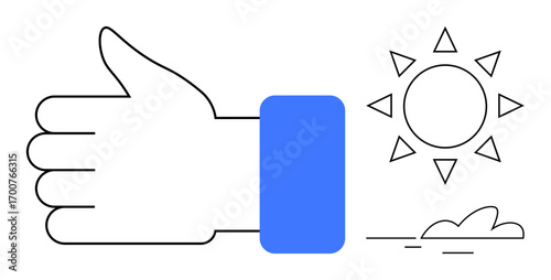 Hand giving thumbs up near simple sun and cloud illustration. Ideal for positivity, approval, climate, mood, optimism, outdoor themes, weather concepts. Clean simple flat metaphor