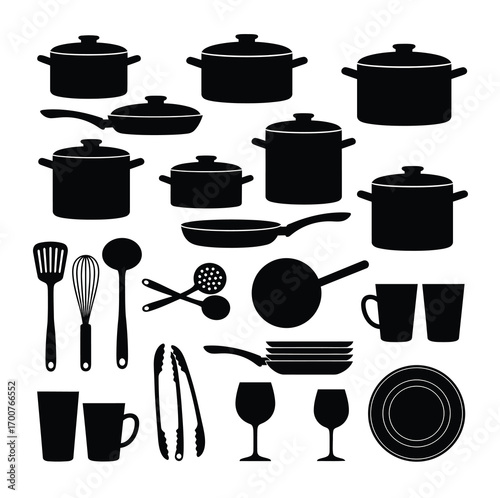 Collection of black kitchenware and tableware silhouettes on white background cooking utensil