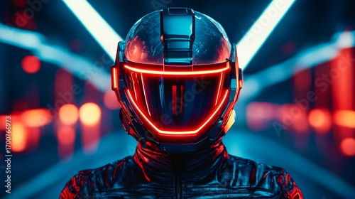 Cyber futuristic neon glowing racing helmet portrait
