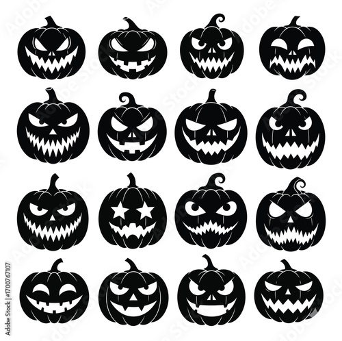 Sixteen black halloween pumpkin faces with carved spooky expressions jackolantern scary