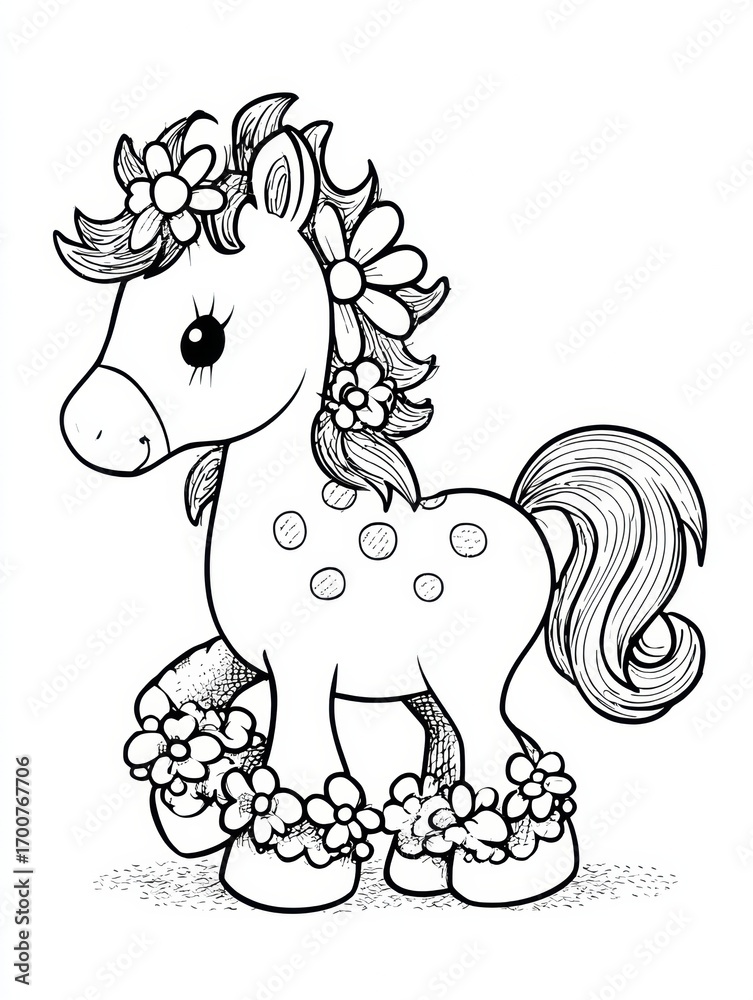 Fototapeta premium Cute Pony Adorned With Flowers and Polka Dots Standing Gracefully in a Cheerful Design Suitable for Childrens Coloring Activities
