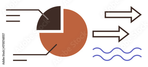 Abstract pie chart with divided sections connected by arrows and waves. Ideal for analytics, workflow, data movement, strategy, process optimization, fluidity, visual simplicity. A simple flat