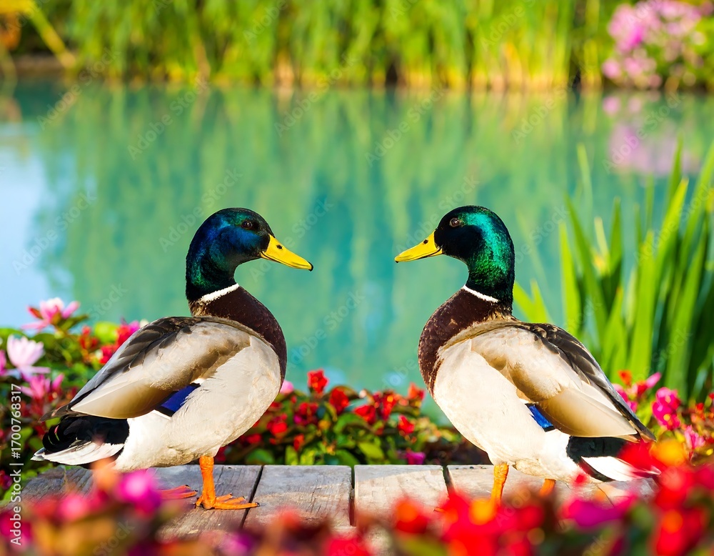 Fototapeta premium Two ducks face each other near a pond