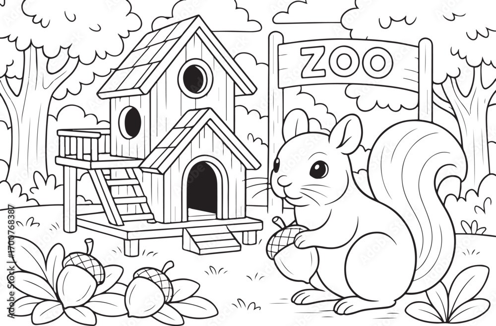 Fototapeta premium hand drawn vector doodle illustration of Squirrel House coloring page for kids line art
