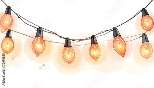 A warm and inviting illustration of string lights, featuring peach-toned bulbs, hanging softly against a gentle watercolor backdrop.