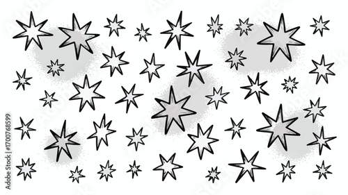 Black and white starbursts scattered across a white background stars