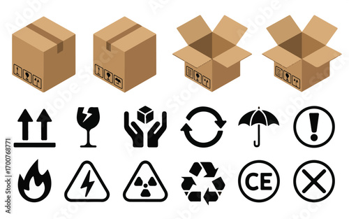 Cardboard boxes and shipping symbols fragile handle with care