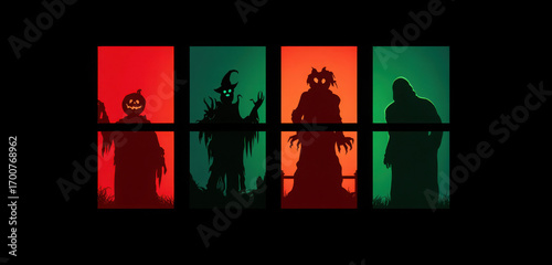 Spooky Halloween silhouettes of a pumpkin, witch, monster, and grim reaper in colorful window frames, creating a festive and eerie atmosphere.