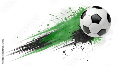 Soccer Ball with Dynamic Green and Black Paint Splashes