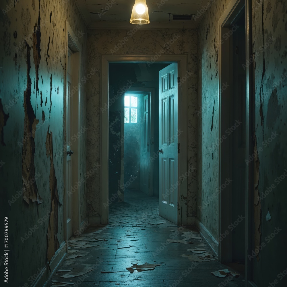 Obraz premium Dark, abandoned hallway with peeling wallpaper and dim light at twilight