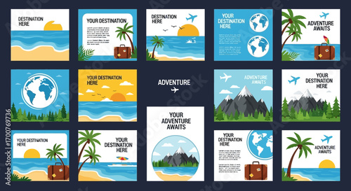 Dynamic collection of illustrated travel concept templates for social media posts, ideal for promoting beach getaways, mountain adventures, and global exploration