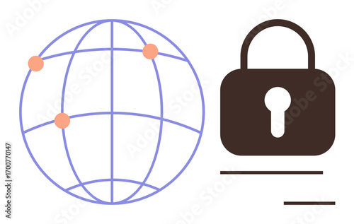 Globe with interconnected points alongside a padlock symbolizing cyber protection, secure communication, and global data security. Ideal for technology, internet safety, digital privacy, online