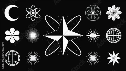Celestial starbursts astronomical symbols floral shapes geometric globes vector