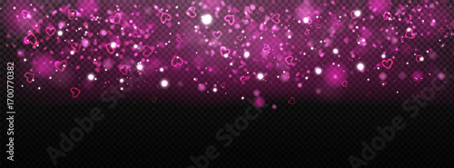 Shiny heart overlay with dark light rays, sparkling confetti, glitter and pink red glow. Stock vector illustration in abstract style.