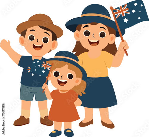 family of three is celebrating with Australian flags, smiling happily in festive clothing and hats.