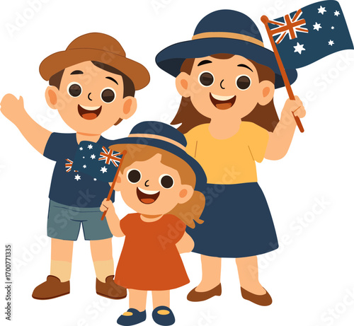 family of three is celebrating with Australian flags, smiling happily in festive clothing and hats.