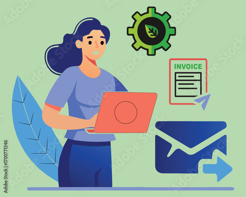 Vector art of woman working on laptop with ecofriendly business icons