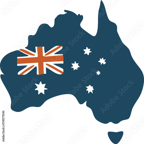 A silhouette map of Australia filled with an image of the Australian flag, which features the Union Jack and the stars of the Southern Cross.