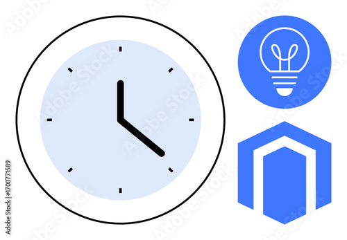 Clock face with minimalist design, blue light bulb symbolizing ideas, and geometric structure. Ideal for time management, innovation, productivity, technology, brainstorming, planning and a simple
