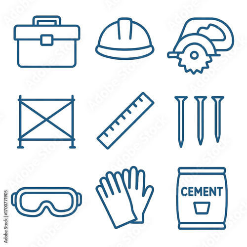 Construction tools and safety gear icons on gradient background